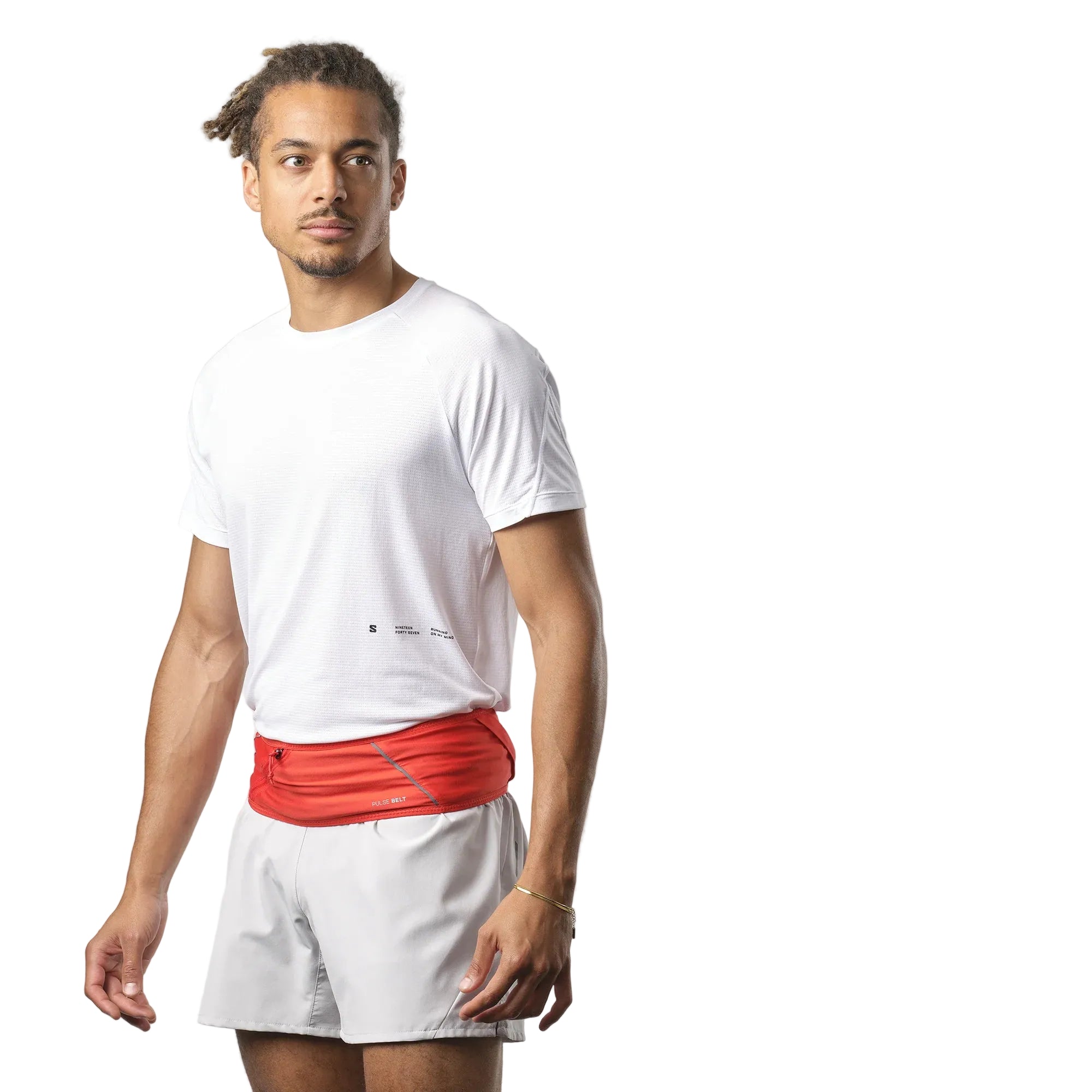 Man wearing a white t-shirt and red waist bag on a white background