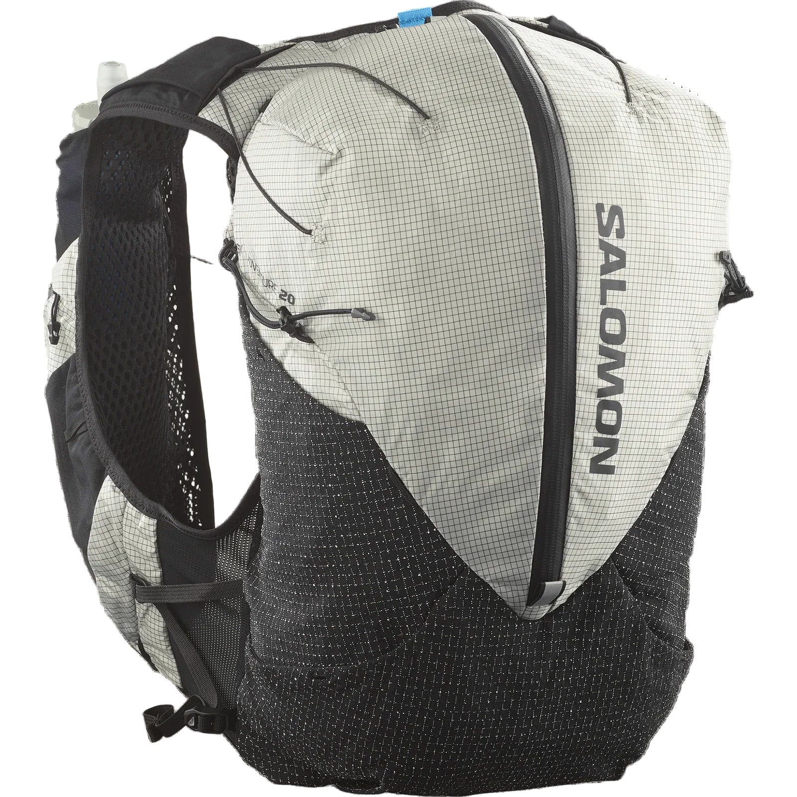 Salomon running backpack in light gray and black mesh, featuring a vertical Salomon logo on the main pocket, shown on a white background.