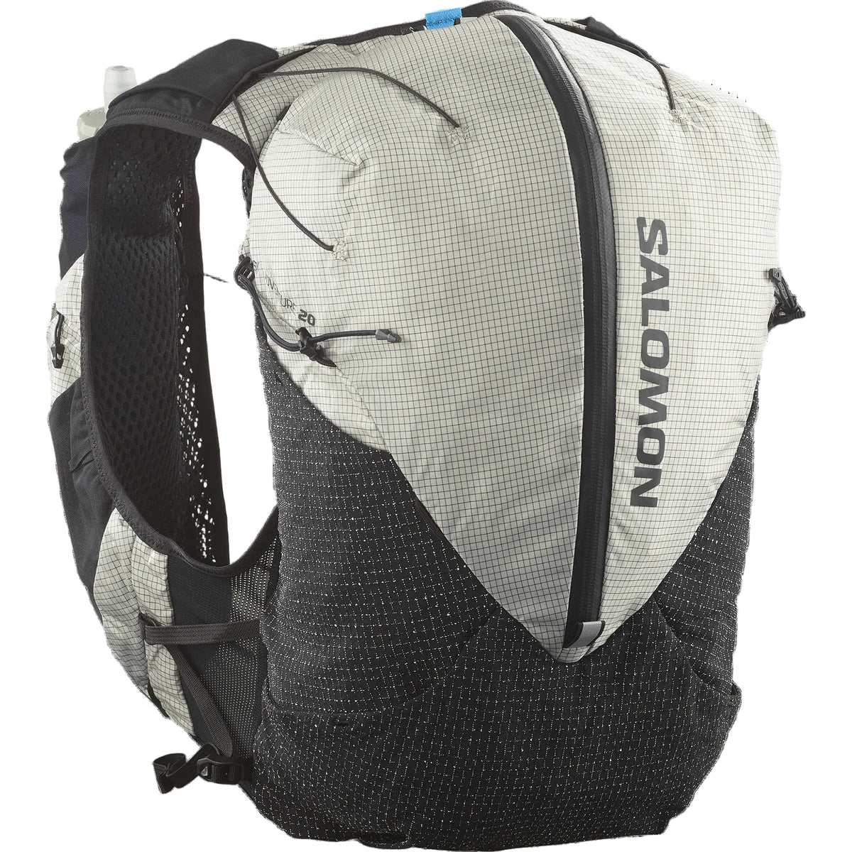 Salomon running backpack in light gray and black mesh, featuring a vertical Salomon logo on the main pocket, shown on a white background.