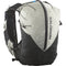 Salomon running backpack in light gray and black mesh, featuring a vertical Salomon logo on the main pocket, shown on a white background.