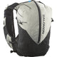 Salomon running backpack in light gray and black mesh, featuring a vertical Salomon logo on the main pocket, shown on a white background.