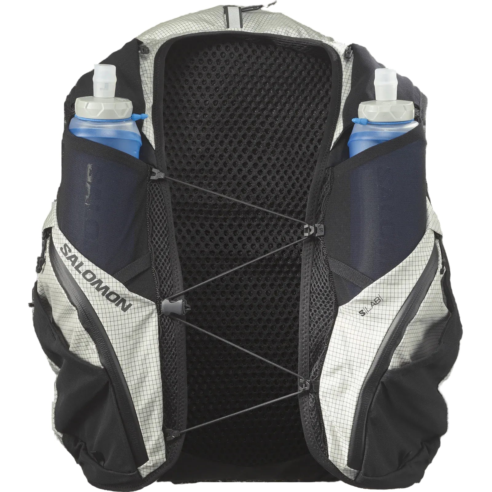 The back view of a Salomon running backpack in gray and black, featuring a breathable mesh back, compression straps, and two side water bottle pockets containing blue water bottles.