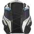 The back view of a Salomon running backpack in gray and black, featuring a breathable mesh back, compression straps, and two side water bottle pockets containing blue water bottles.