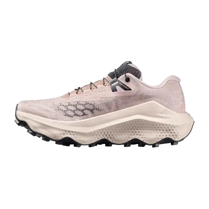 Pink Salomon trail running shoe with black sole on a white background