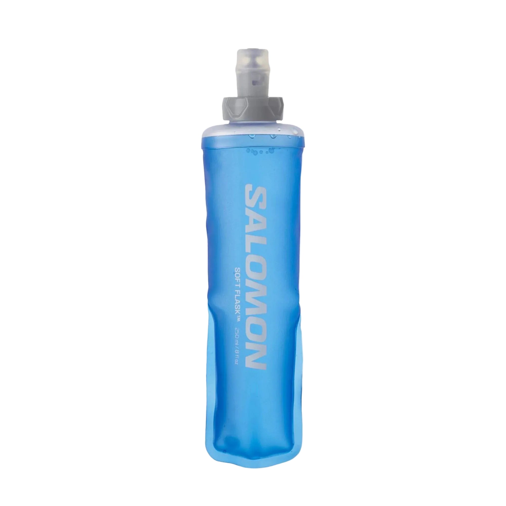 A blue Salomon Soft Foam collapsible water bottle with a gray cap, shown on a light gray background.