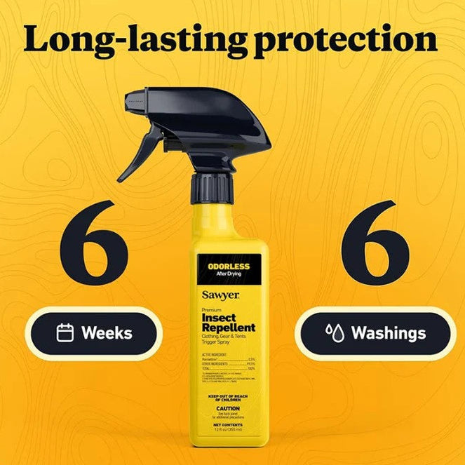 Sawyer insect repellent spray bottle with 'Long-lasting protection' text on a yellow background