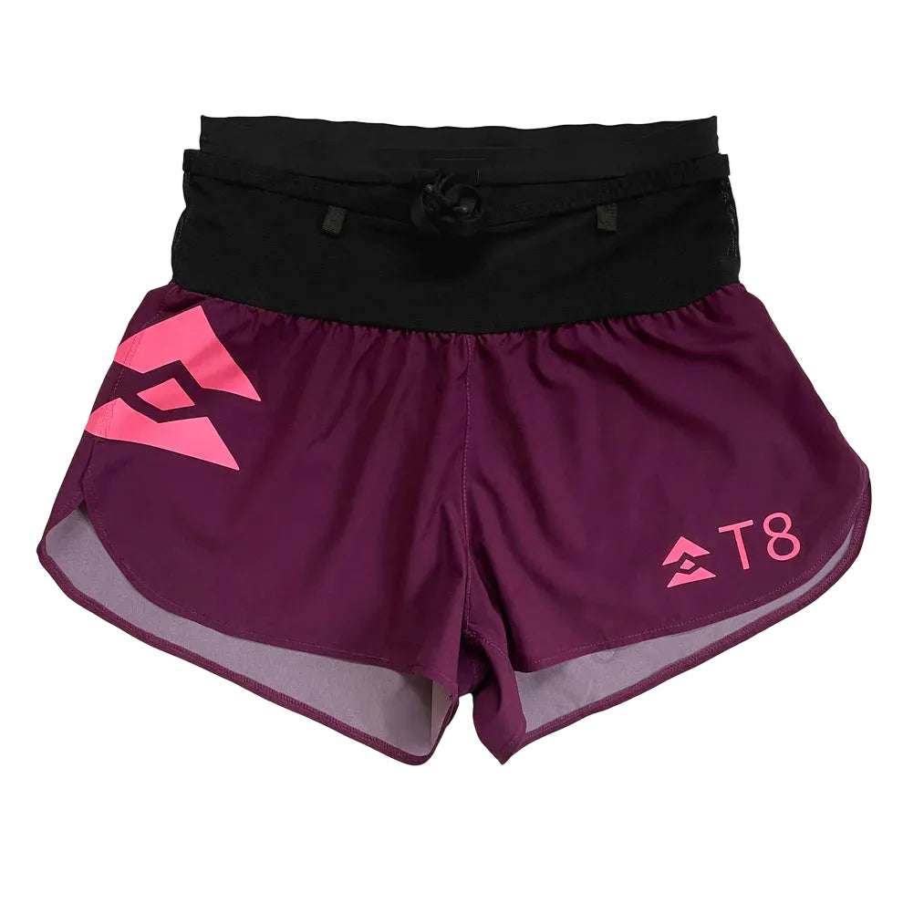 Maroon athletic shorts with pink logo and text on a white background