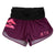 Maroon athletic shorts with pink logo and text on a white background