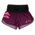 Maroon athletic shorts with pink logo and text on a white background