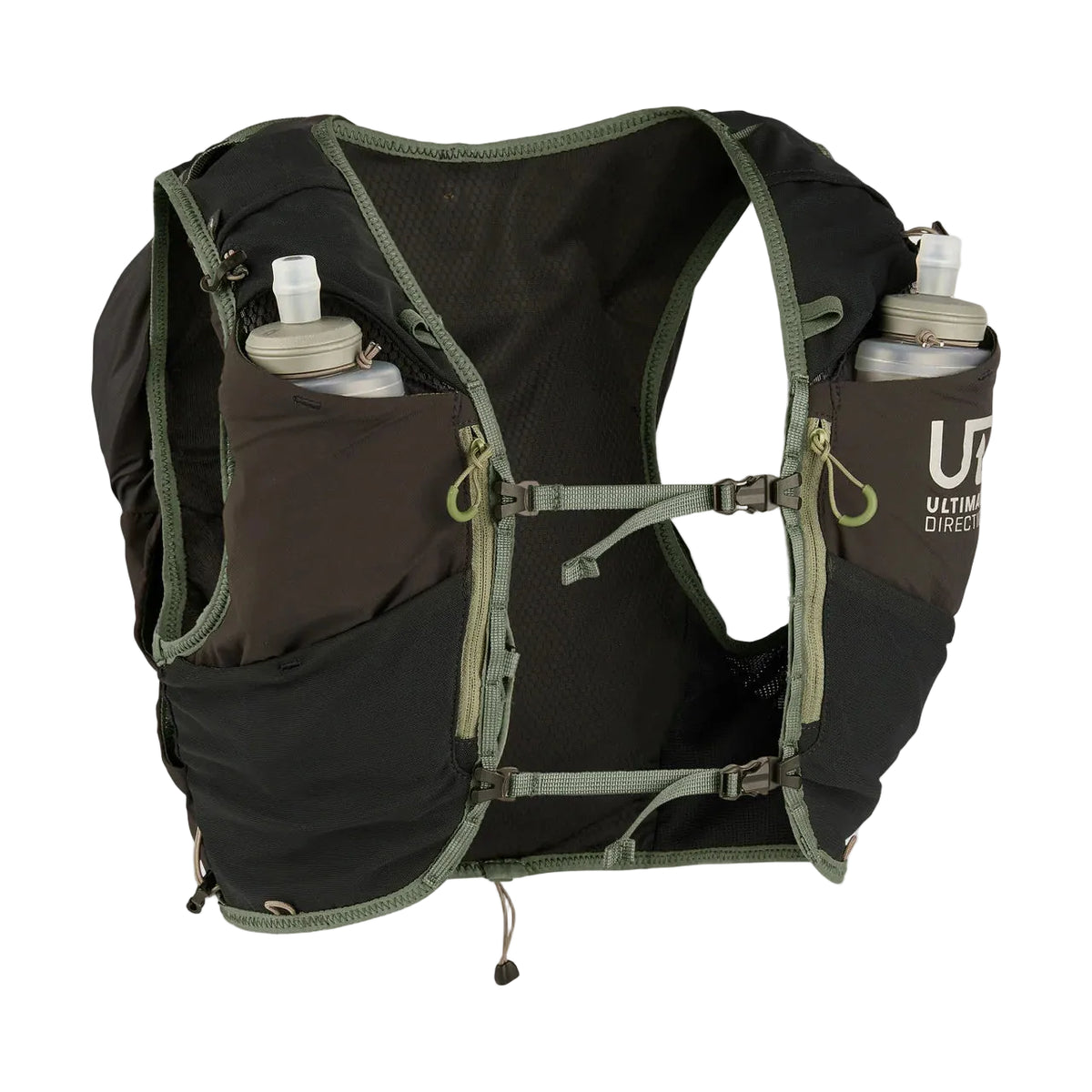 Black and green running vest with water bottles on a light gray background