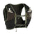 Black and green running vest with water bottles on a light gray background