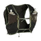 Black and green running vest with water bottles on a light gray background