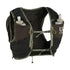 Black and green running vest with water bottles on a light gray background