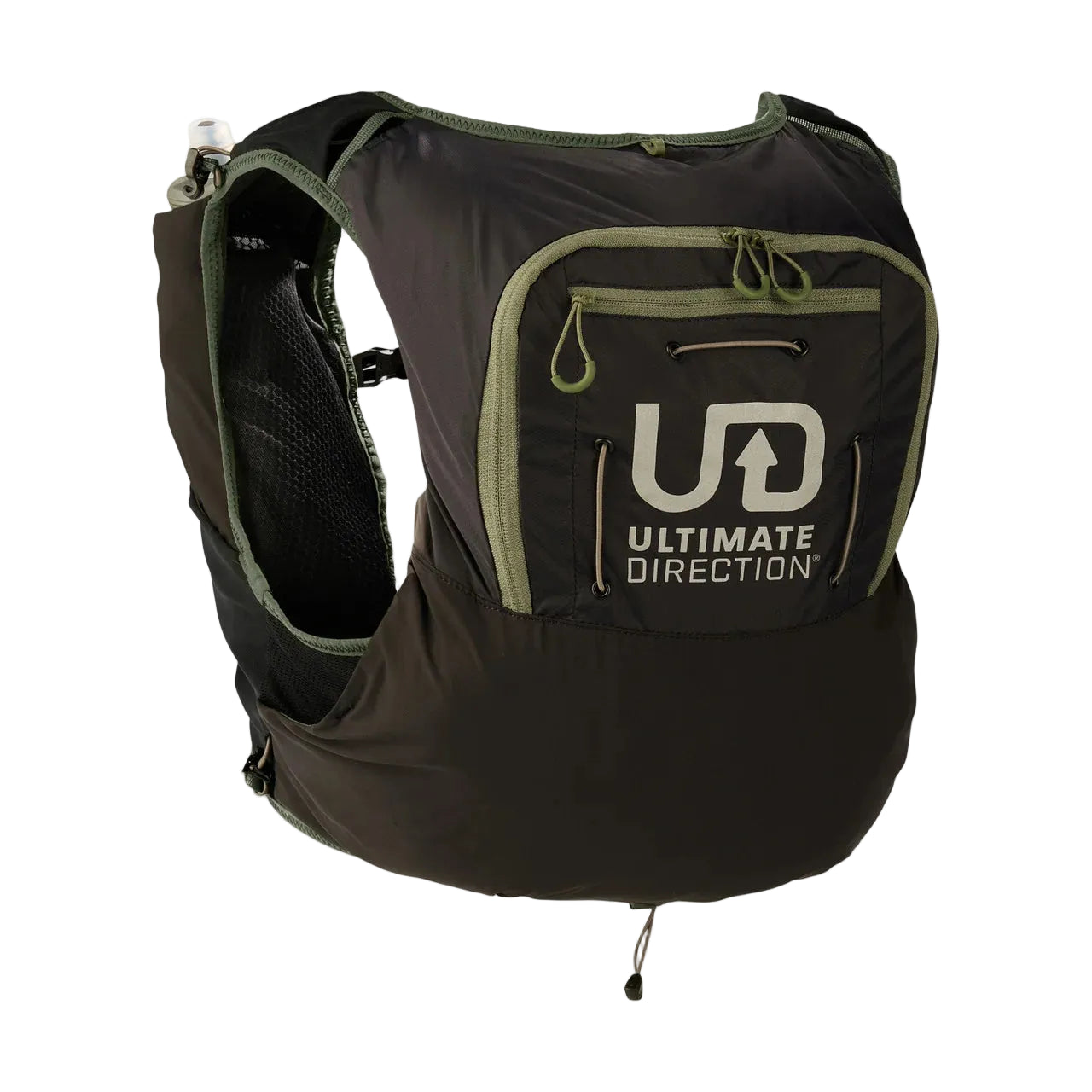 Black and green Ultimate Direction hydration vest on a light gray background