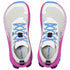 White running shoes with pink sides and blue laces on a white background