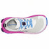 White running shoe with blue laces and pink accents on a white background