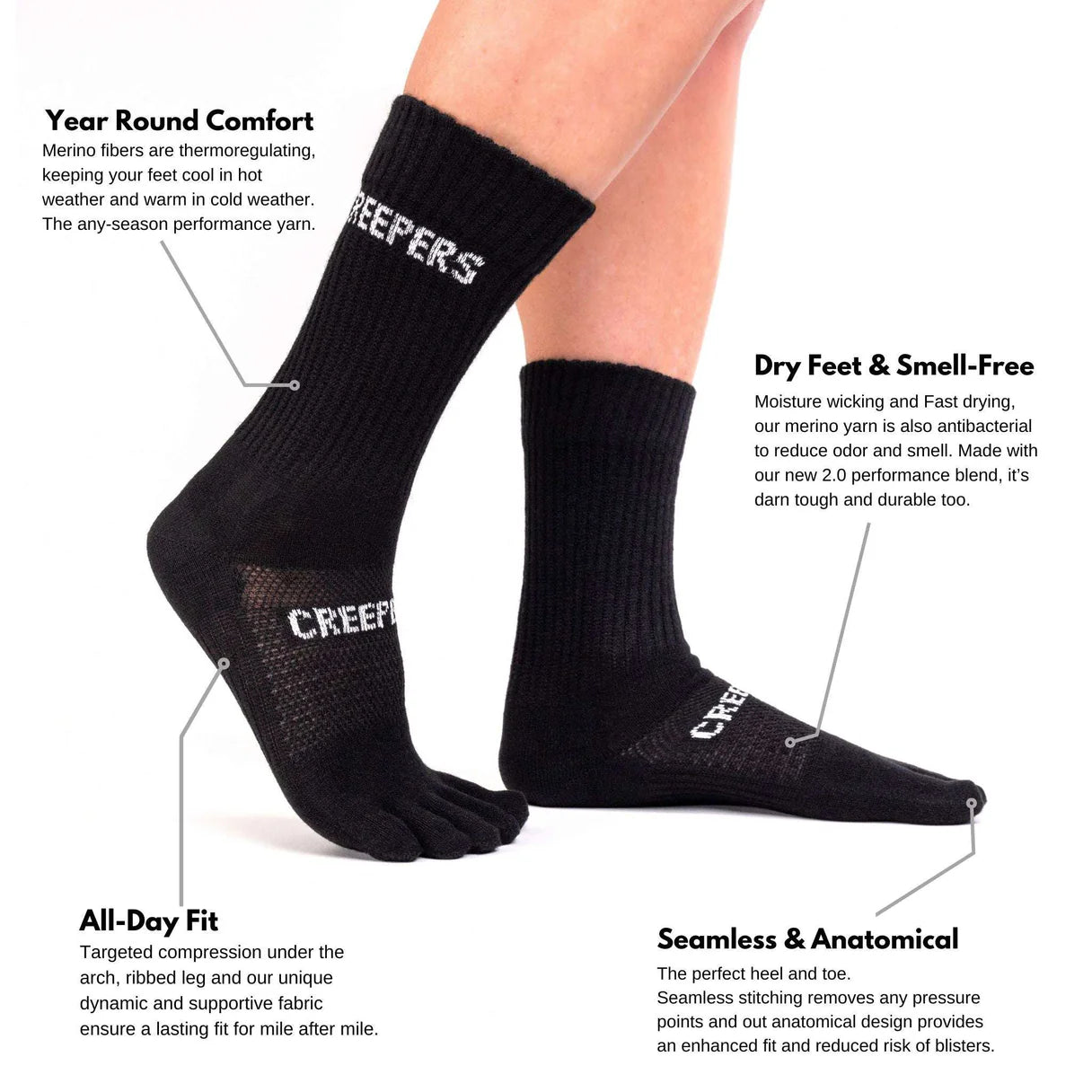 Creepers Merino Toe Socks 2.0 - Crew - Socks - Trek, Trail & Fish NZ