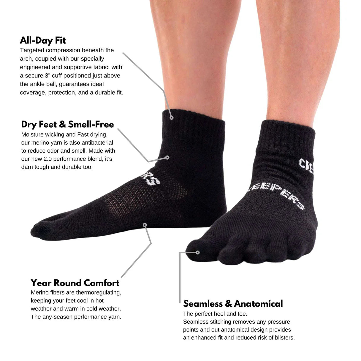 Creepers Merino Toe Socks 2.0 - Quarter Crew - Socks - Trek, Trail & Fish NZ