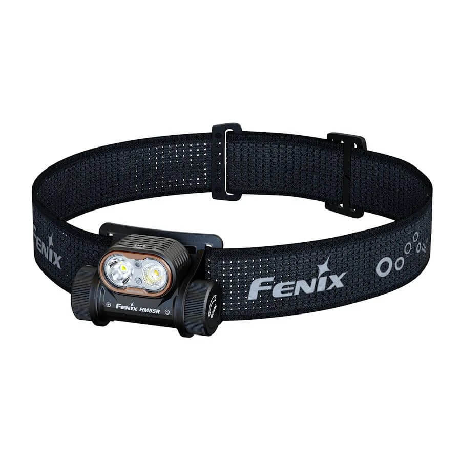 Fenix headlamp with black strap on a white background