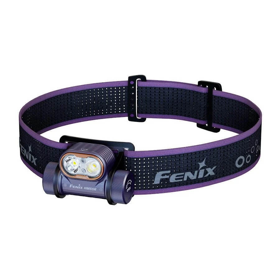 Purple Fenix headlamp on a white background