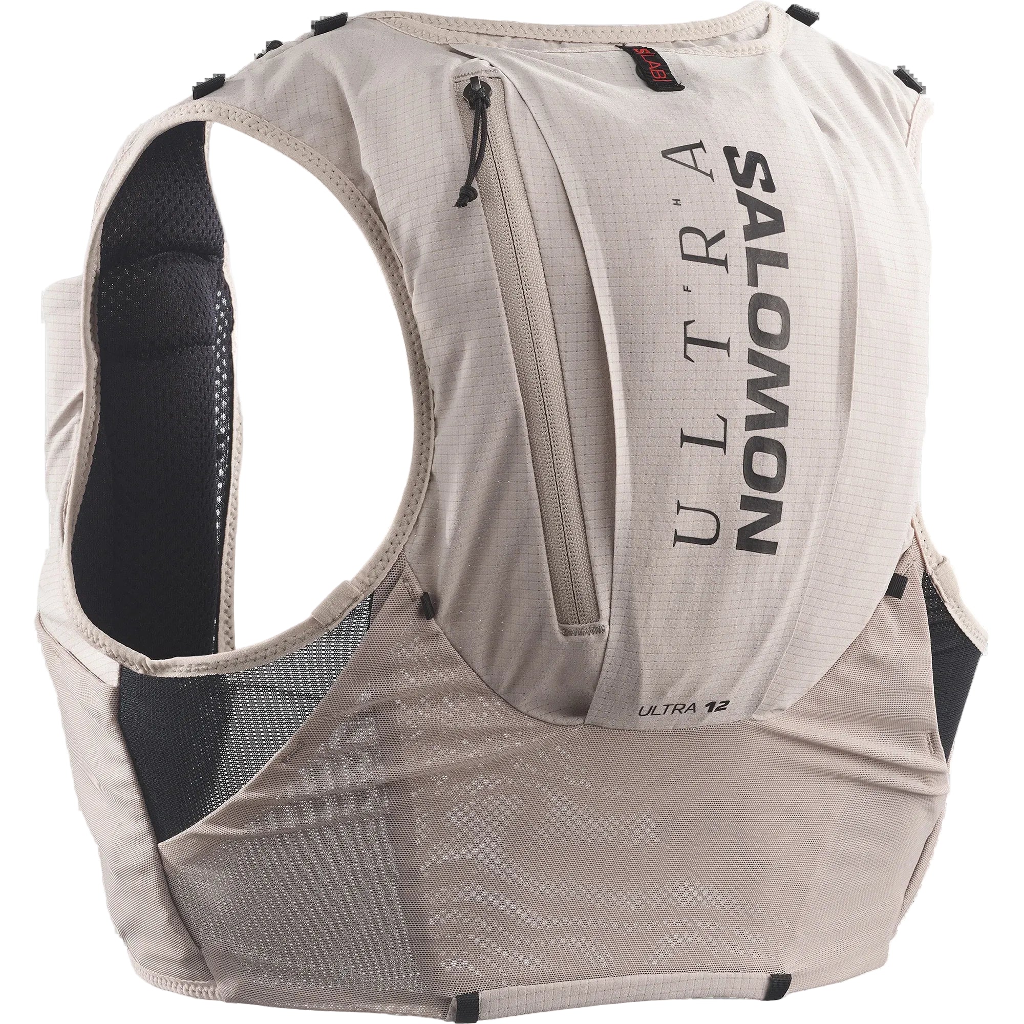 Salomon Ultra 12 running hydration vest in light beige with black mesh panels and black printed branding on the back, shown on a white background.