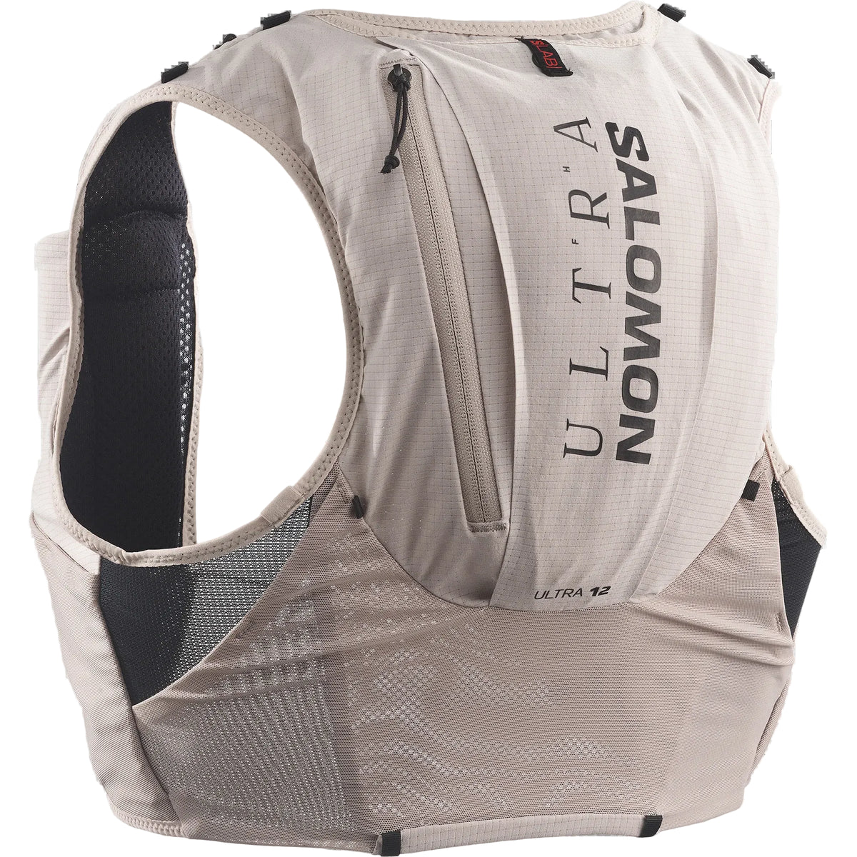 Salomon Ultra 12 running hydration vest in light beige with black mesh panels and black printed branding on the back, shown on a white background.