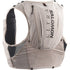 Salomon Ultra 12 running hydration vest in light beige with black mesh panels and black printed branding on the back, shown on a white background.