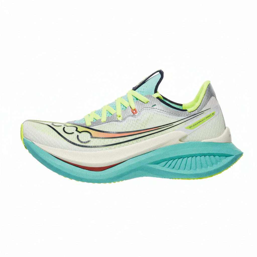 White running shoe with teal sole and colorful accents on a white background