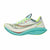 White running shoe with teal sole and colorful accents on a white background