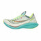 White running shoe with teal sole and colorful accents on a white background