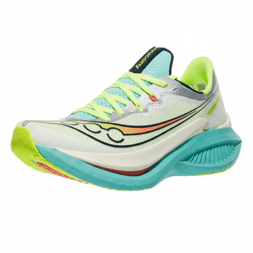 Multicolored running shoe with a white background