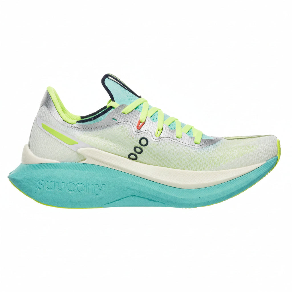 Saucony running shoe with green accents on a white background
